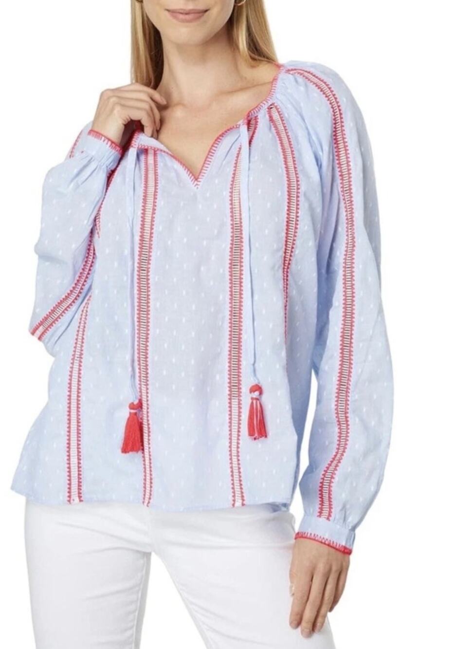 Lilly Pulitzer Mardi Chambray Long Sleeve Tunic Blouse Top Blue Pink Small